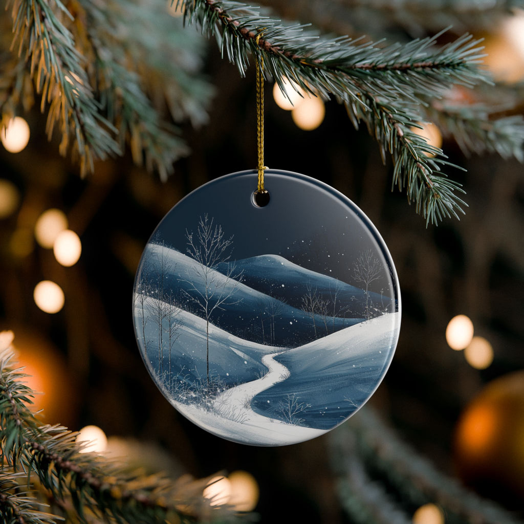 Winter Night Ceramic Ornament — Snowy Mountain Path (2-Sided)