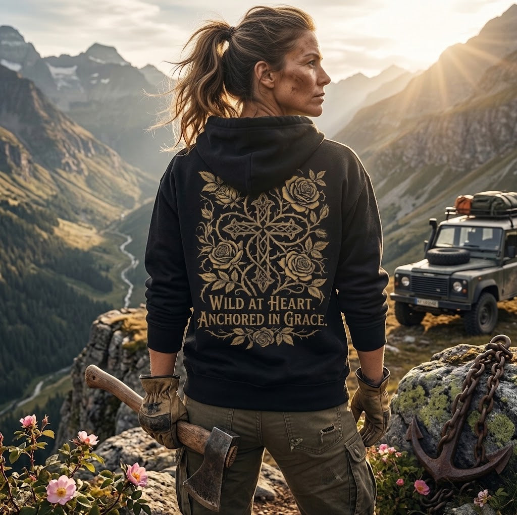 Woman wearing Wild at Heart Anchored in Grace faith floral hoodie in black, standing on mountain summit with Land Rover and axe at golden hour