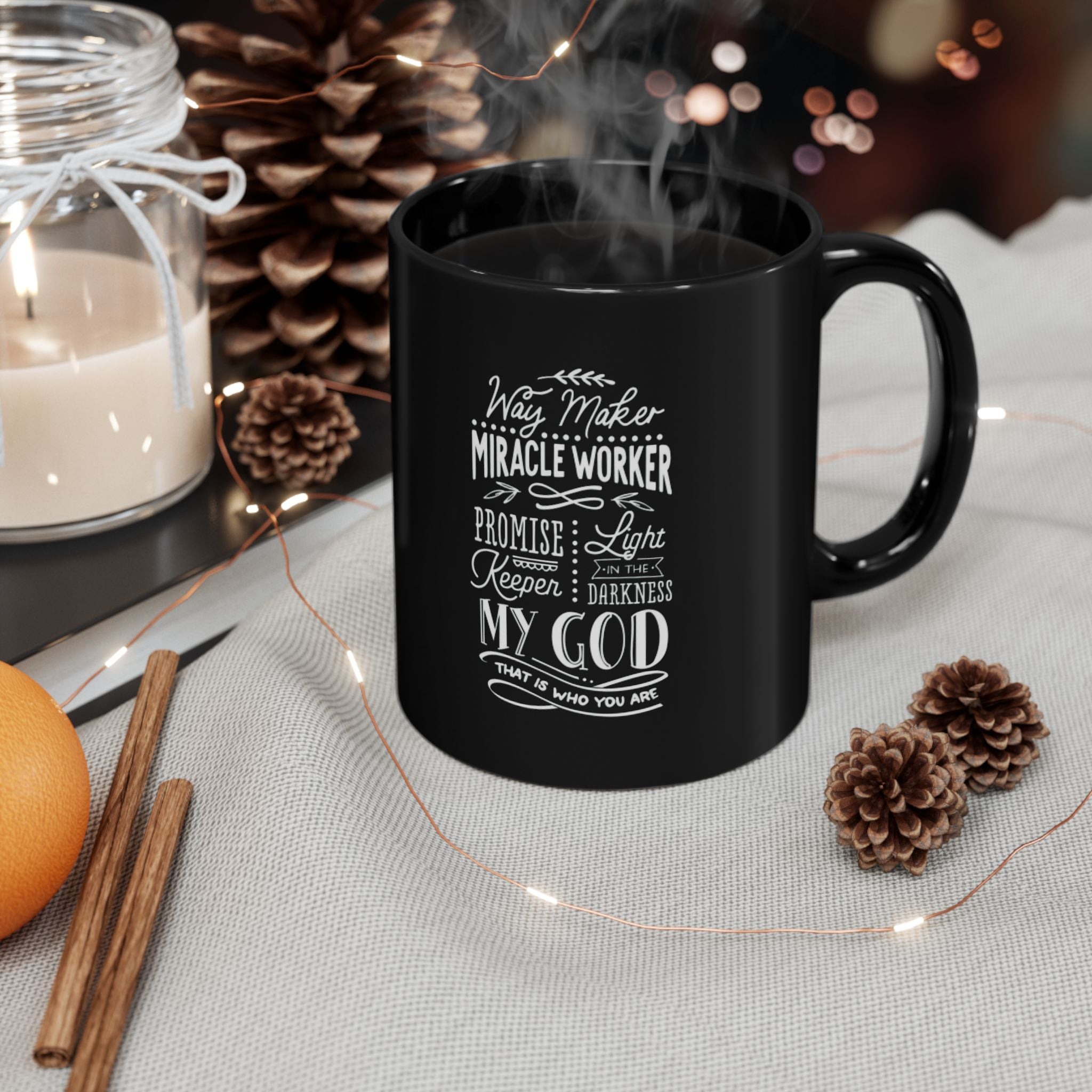 Inspirational Faith Coffee Mug — “Way Maker, Miracle Worker” Black Ceramic (11oz/15oz)
