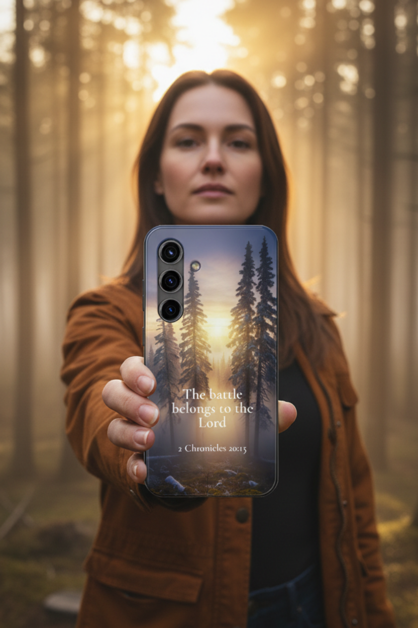 Woman standing at edge of misty pine forest at dawn holding 2 Chronicles 20:15 Christian phone case — "The Battle Belongs to the Lord" forest sunrise design