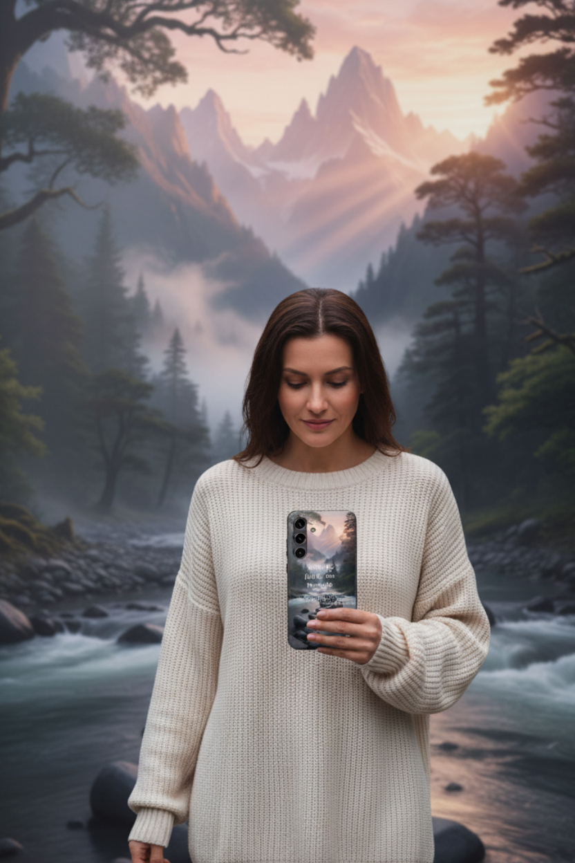 Woman walking misty forest river path at dusk holding 2 Corinthians 5:7 Christian phone case — "Walk by Faith, Not by Sight" scenic river design