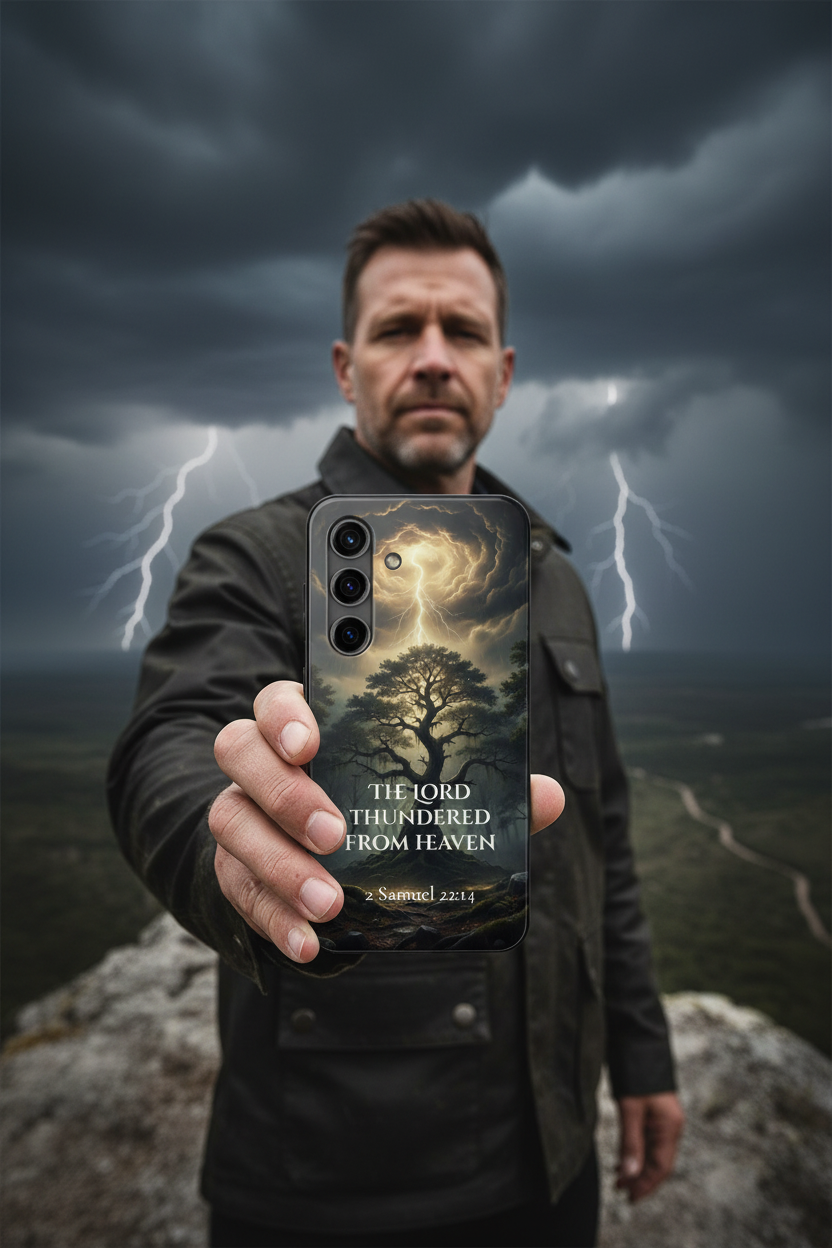 Man on stormy hilltop holding 2 Samuel 22:14 Christian phone case — "The Lord Thundered From Heaven" storm and lightning design