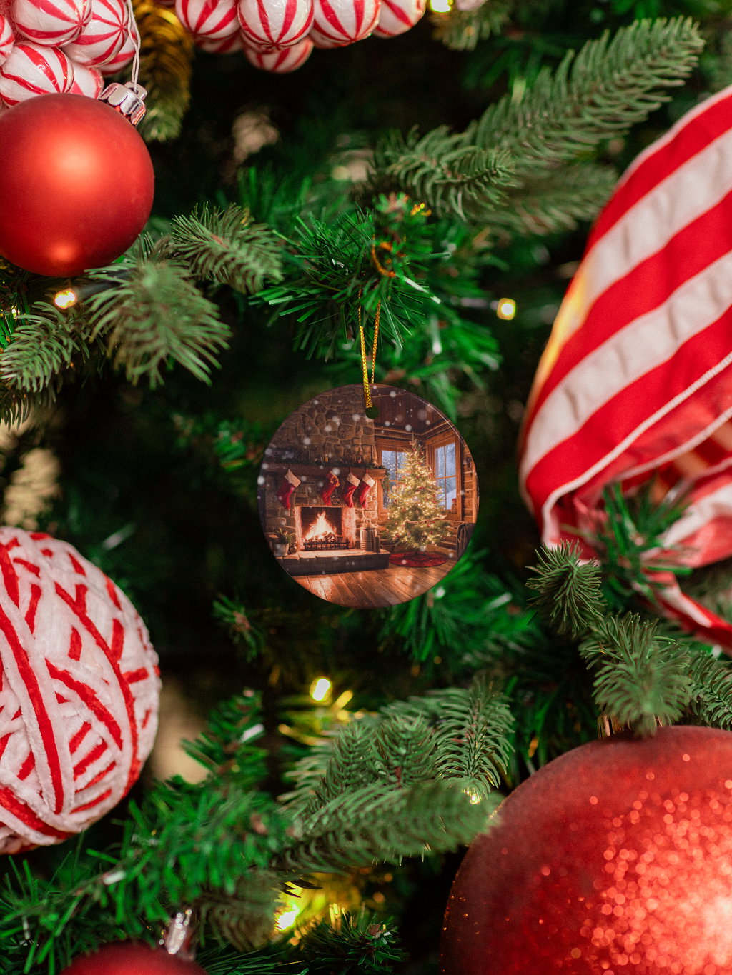 Cozy Fireplace & Christmas Tree Ceramic Ornament