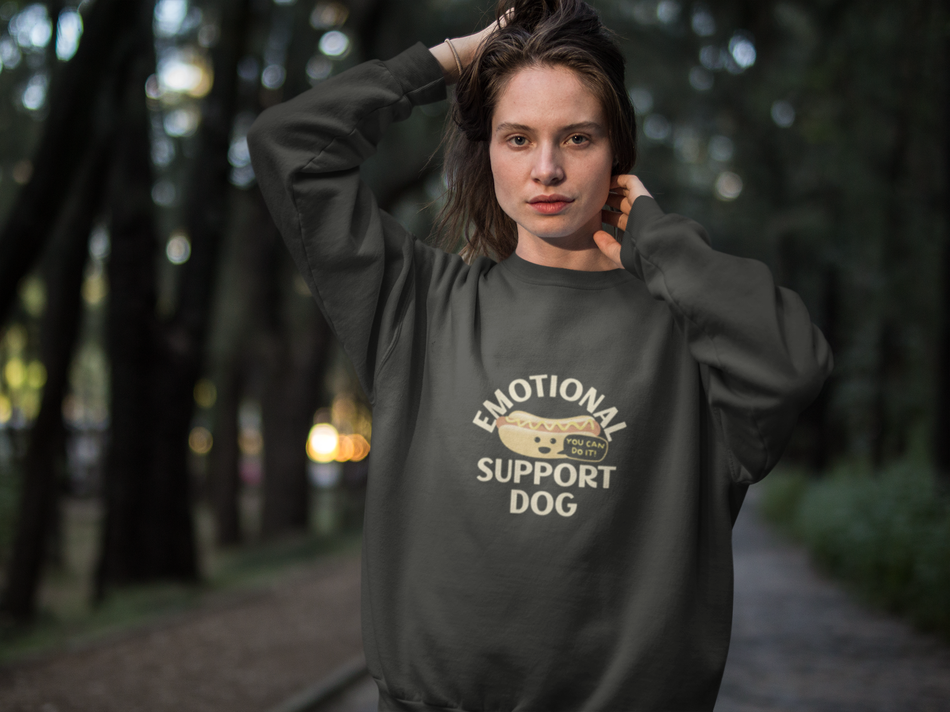 Emotional Support Dog – Funny Hot Dog Pun Crewneck Sweatshirt