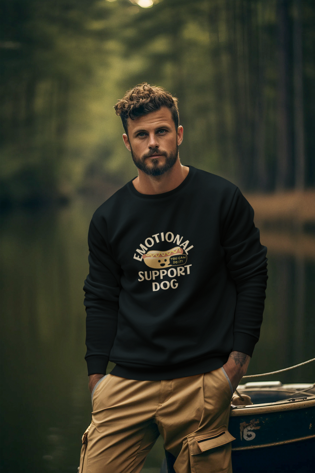 Emotional Support Dog – Funny Hot Dog Pun Crewneck Sweatshirt