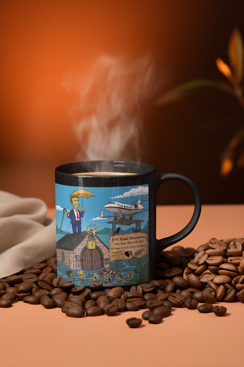 Prosperity Gospel Survival Mug – “NO Refunds Due to Acts of God” Satire Cup | JO’s Team Ministries Parody