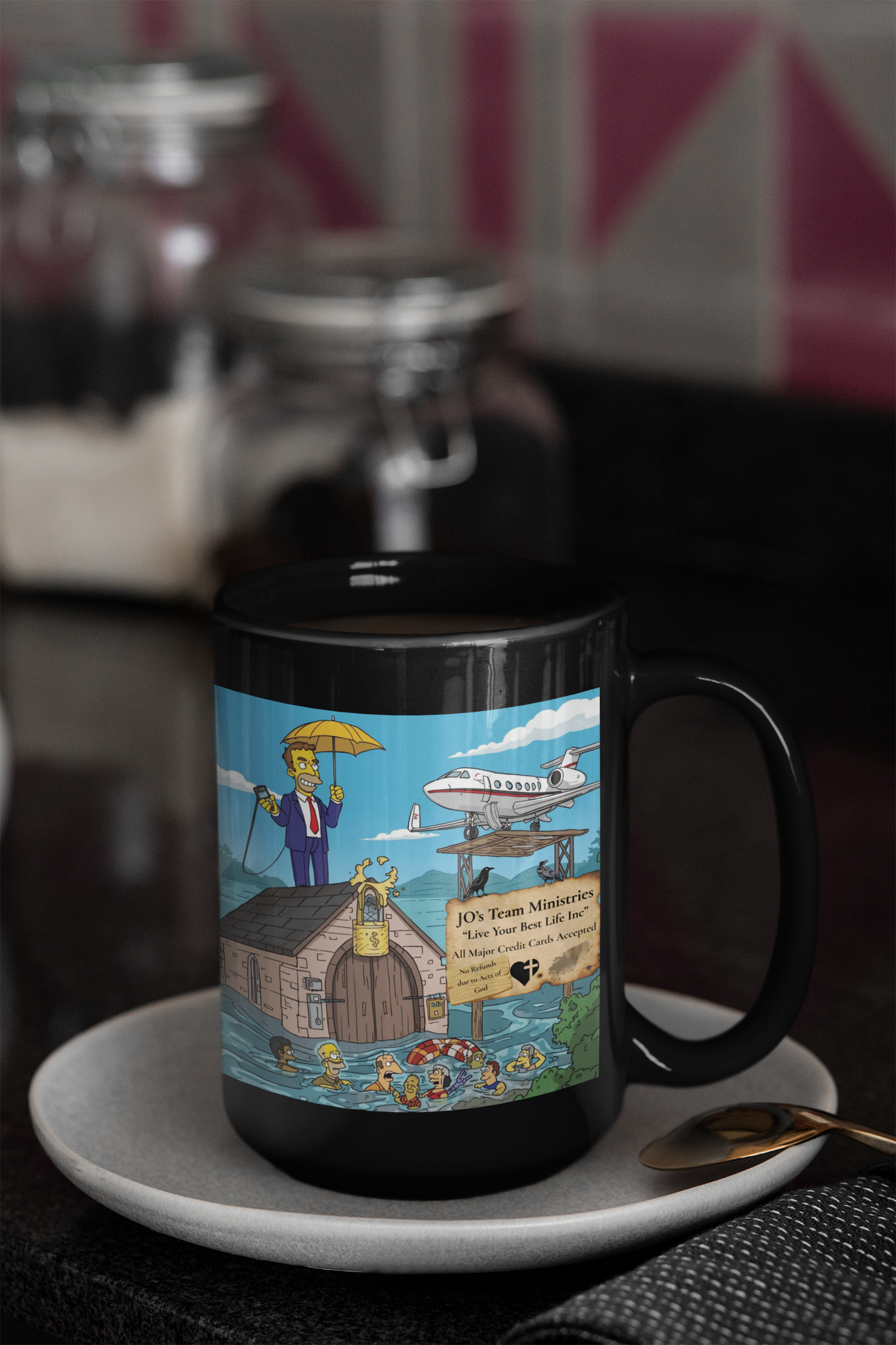 Prosperity Gospel Survival Mug – “NO Refunds Due to Acts of God” Satire Cup | JO’s Team Ministries Parody