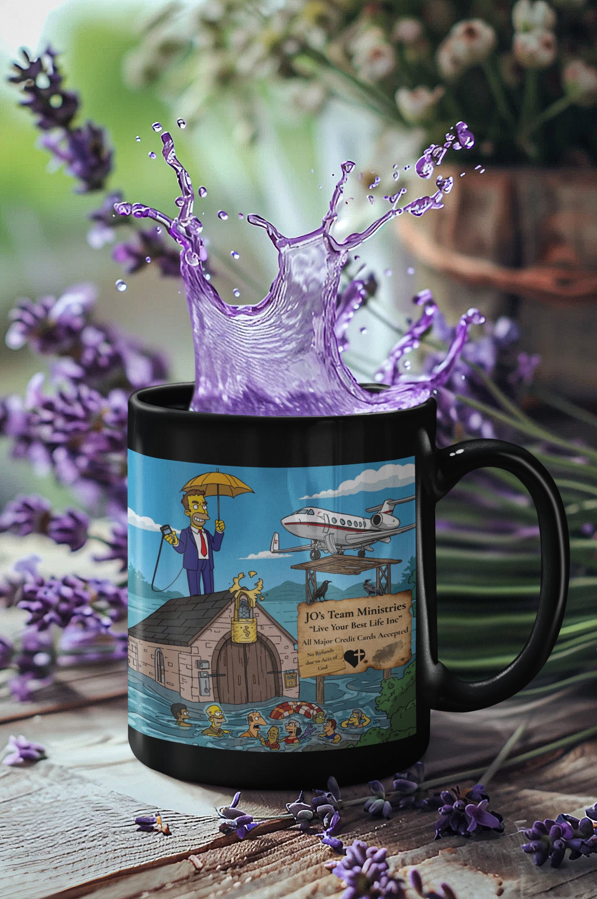 Prosperity Gospel Survival Mug – “NO Refunds Due to Acts of God” Satire Cup | JO’s Team Ministries Parody