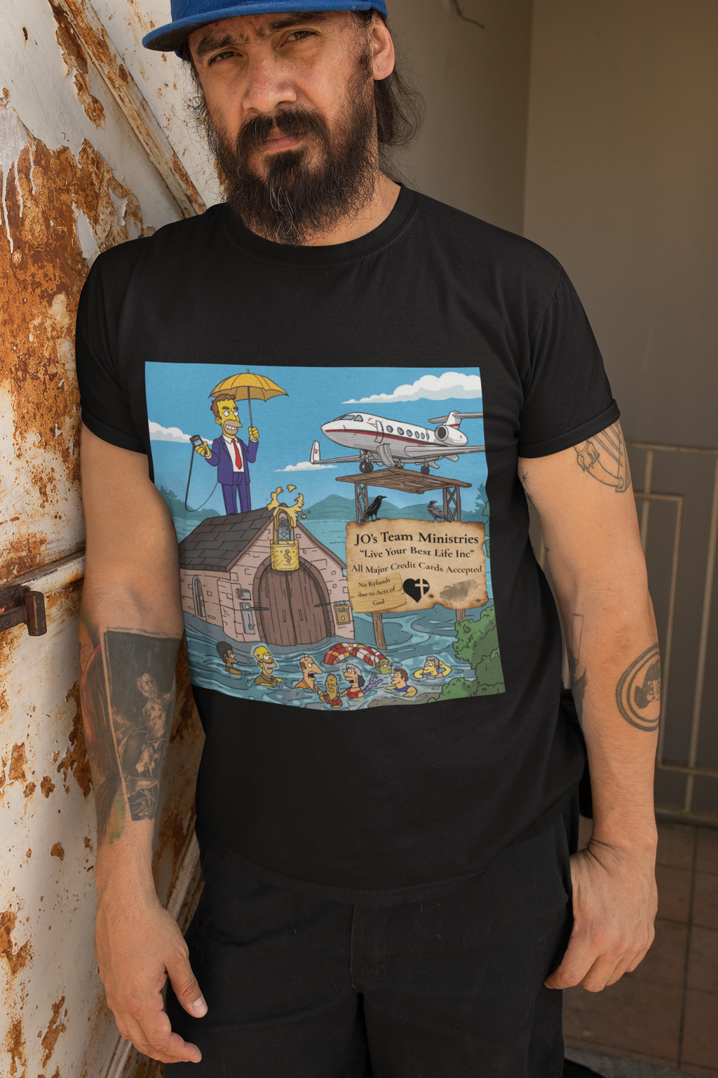 Prosperity Gospel Parody T-Shirt – “JO’s Team Ministries” Simpsons-Style Satire Tee