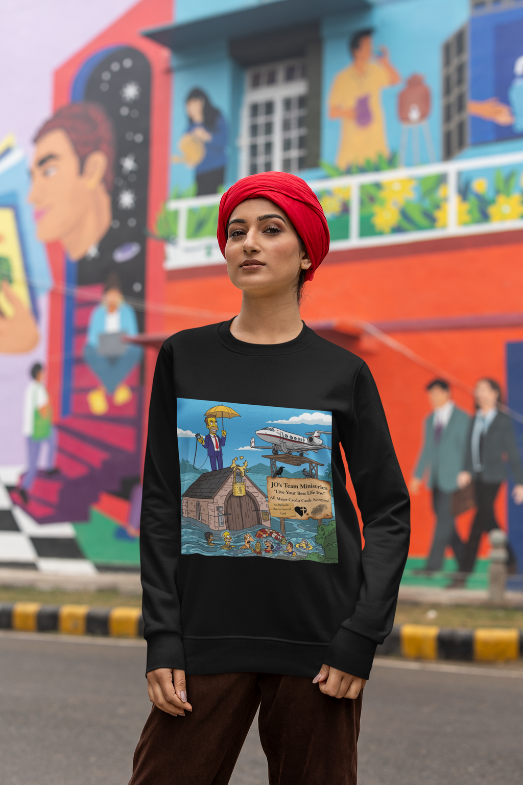 Prosperity Gospel Parody Sweatshirt – ‘JO’s Team Ministries’ Flood Cartoon Satire