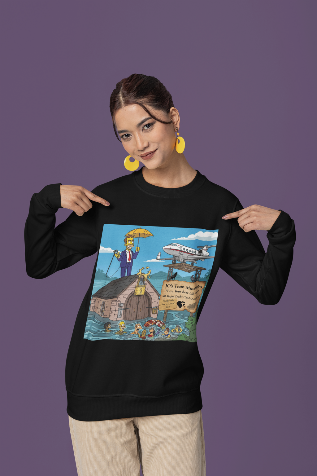 Prosperity Gospel Parody Sweatshirt – ‘JO’s Team Ministries’ Flood Cartoon Satire