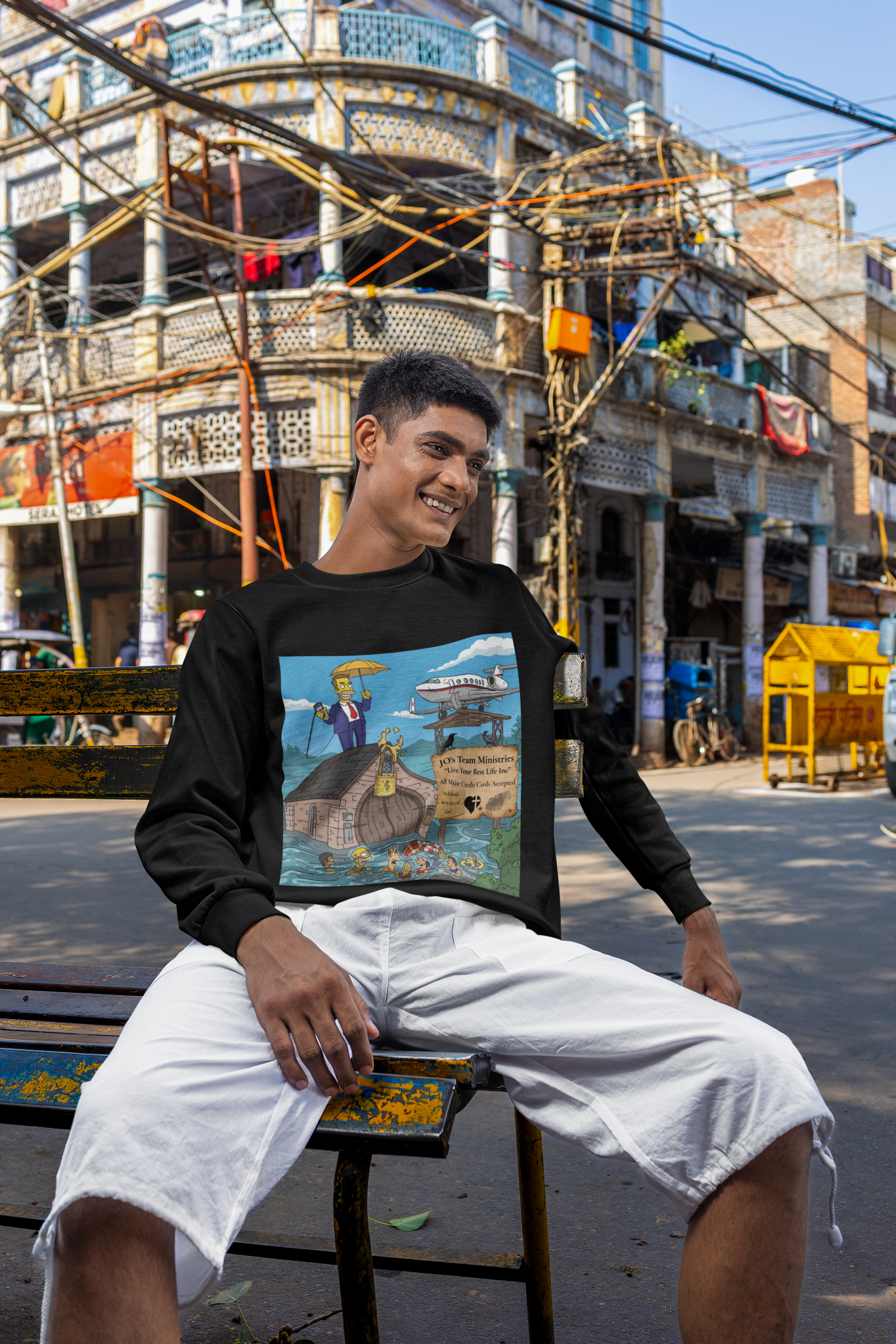 Prosperity Gospel Parody Sweatshirt – ‘JO’s Team Ministries’ Flood Cartoon Satire