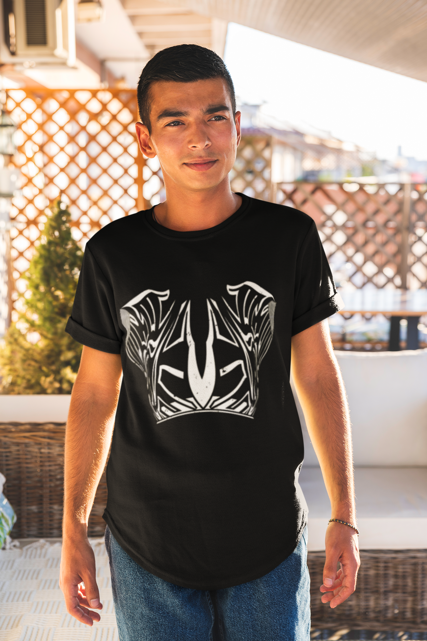 Tribal Chest Armor Graphic T-Shirt - Bold High-Contrast Streetwear Tee