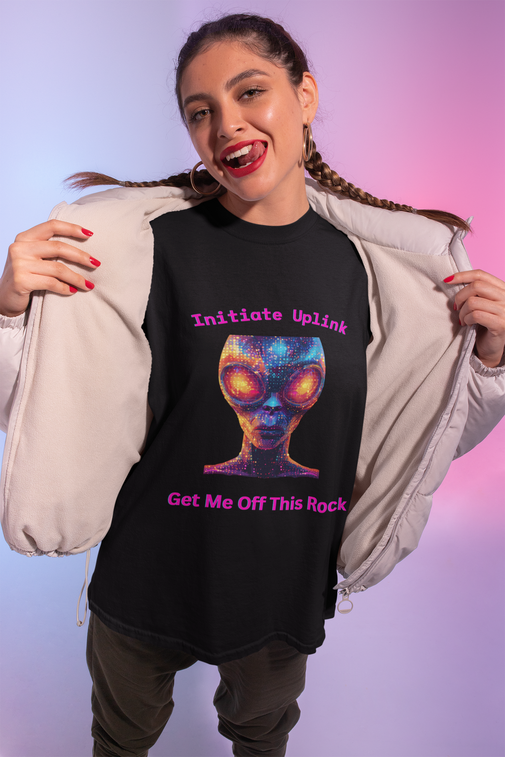 Alien Graphic T-Shirt — "Initiate Uplink / Get Me Off This Rock"