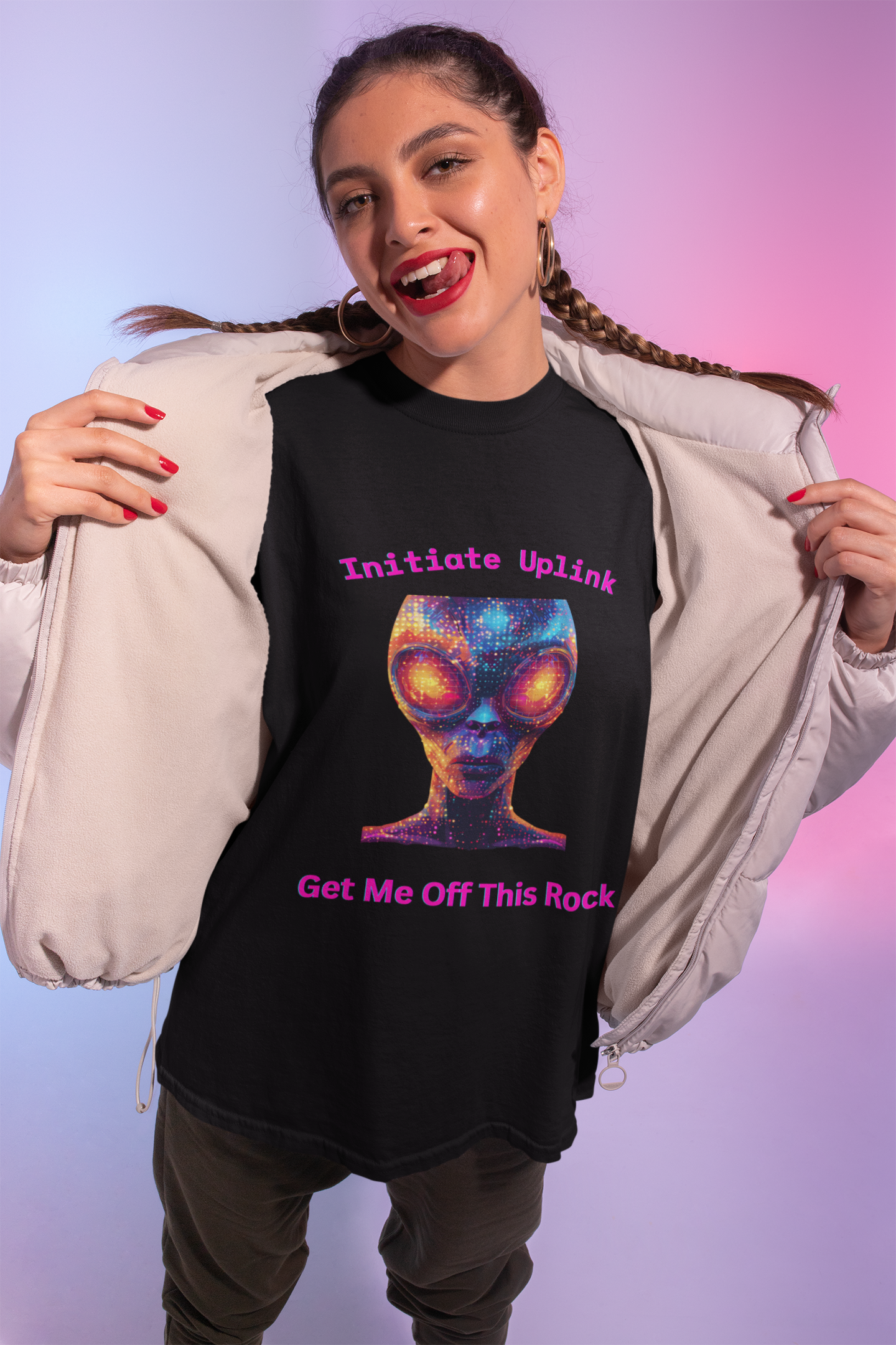 Alien Graphic T-Shirt — "Initiate Uplink / Get Me Off This Rock"