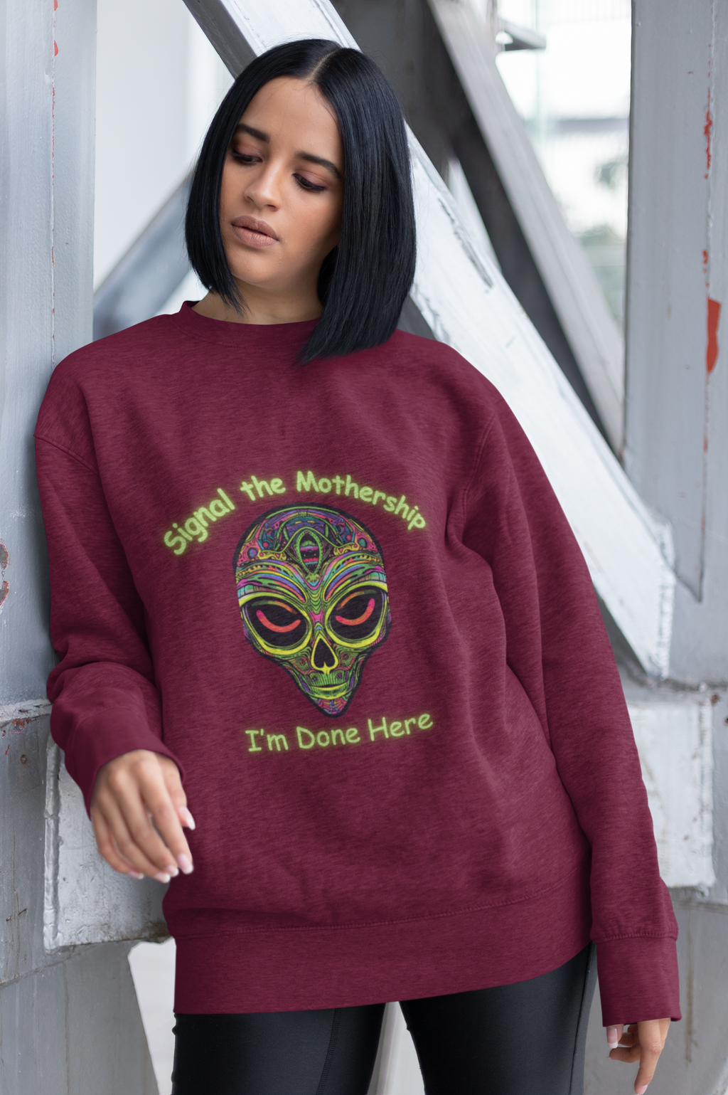 Alien Skull Crewneck Sweatshirt - "Signal the Mothership I’m Done Here" Psychedelic Graphic