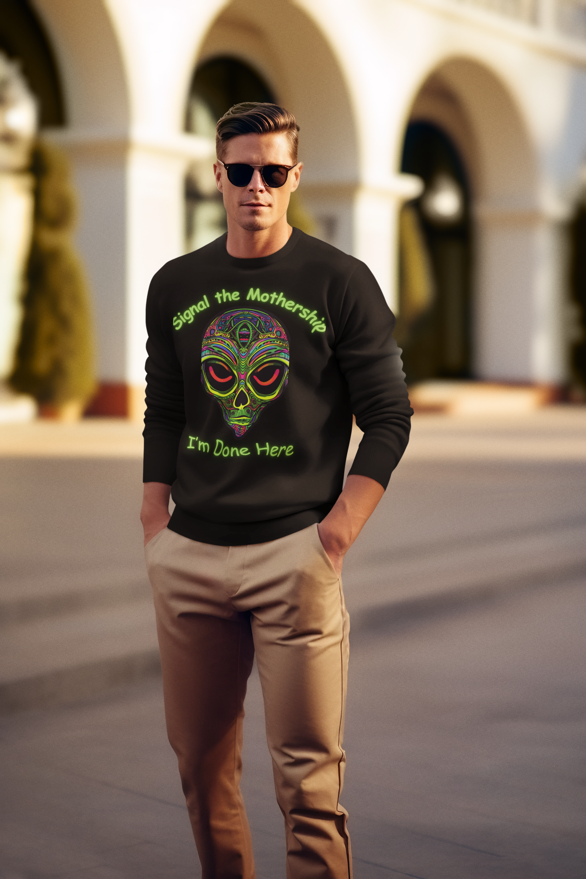 Alien Skull Crewneck Sweatshirt - "Signal the Mothership I’m Done Here" Psychedelic Graphic