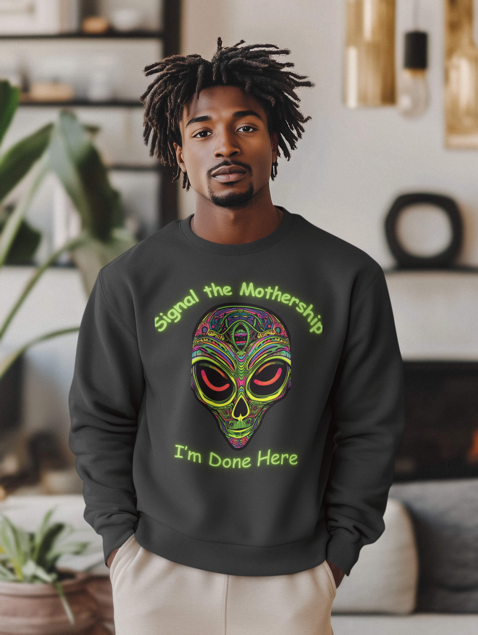 Alien Skull Crewneck Sweatshirt - "Signal the Mothership I’m Done Here" Psychedelic Graphic