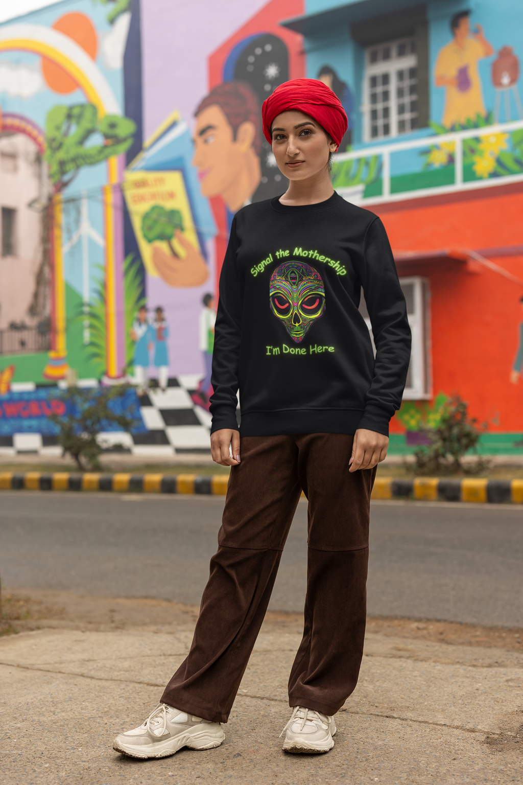 Alien Skull Crewneck Sweatshirt - "Signal the Mothership I’m Done Here" Psychedelic Graphic