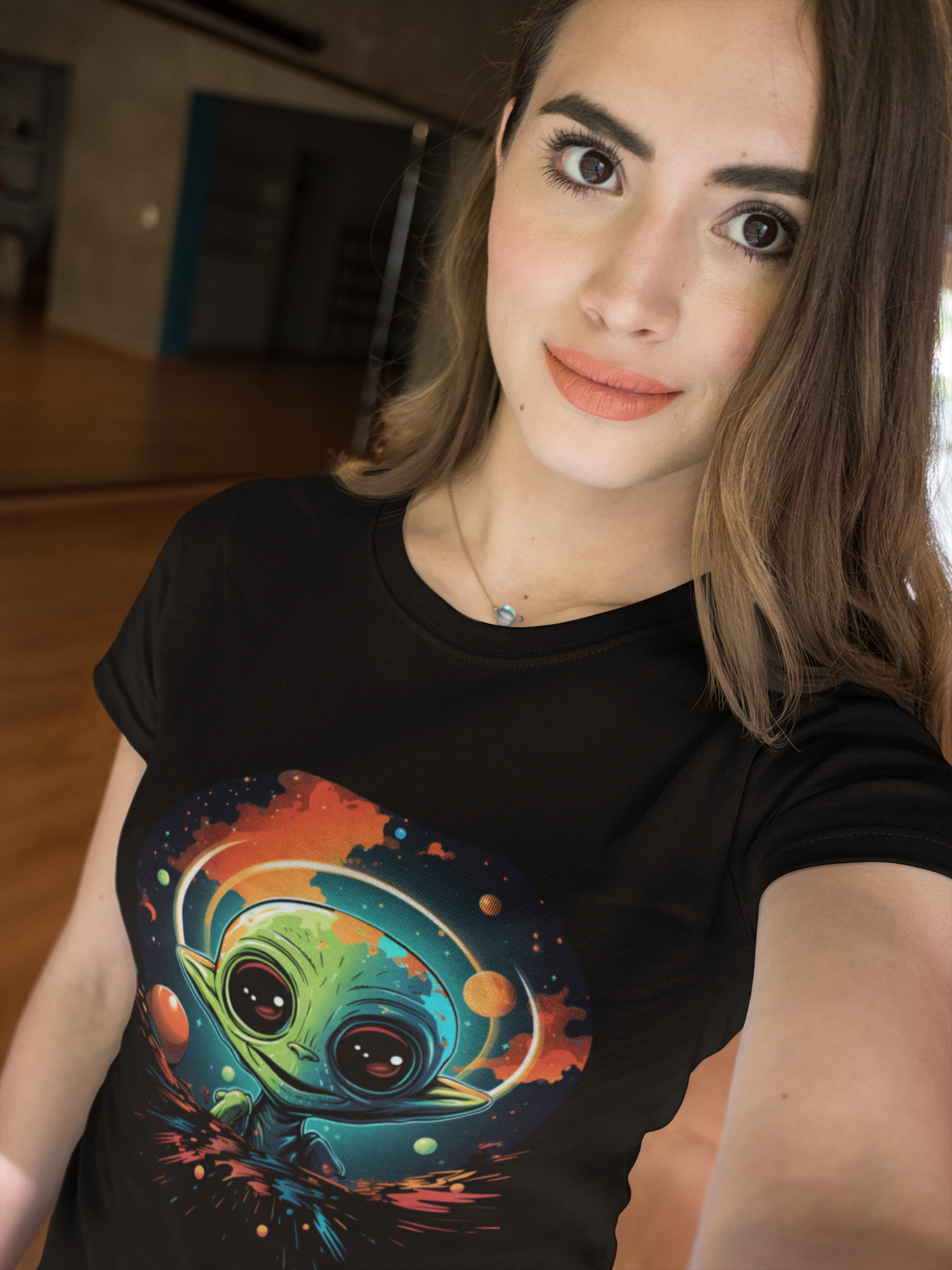 Cosmic Baby Alien Tee – Vibrant Outer Space Artwork on Black Shirt