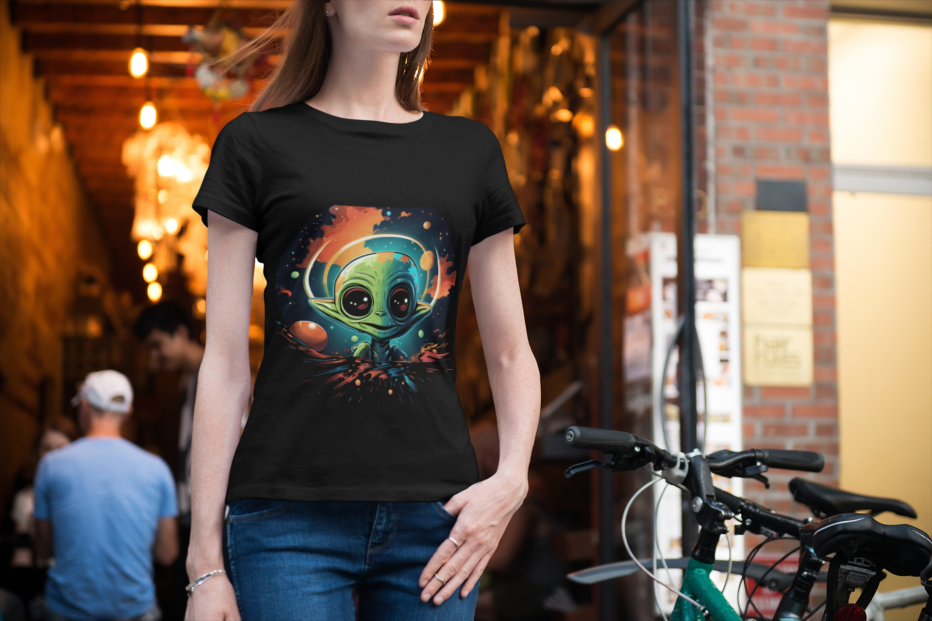 Cosmic Baby Alien Tee – Vibrant Outer Space Artwork on Black Shirt