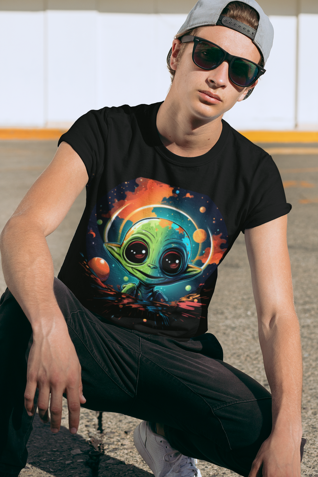 Cosmic Baby Alien Tee – Vibrant Outer Space Artwork on Black Shirt