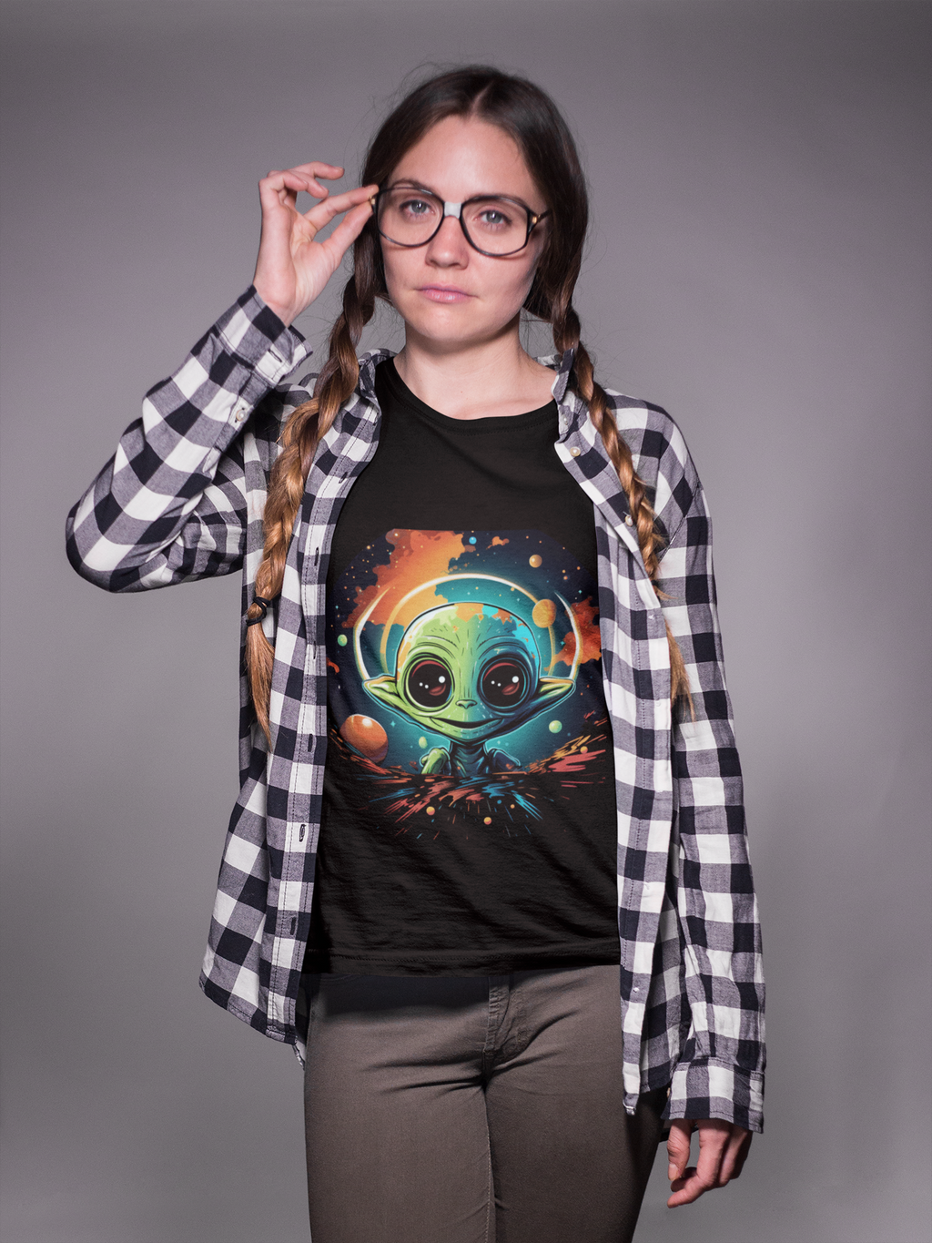 Cosmic Baby Alien Tee – Vibrant Outer Space Artwork on Black Shirt