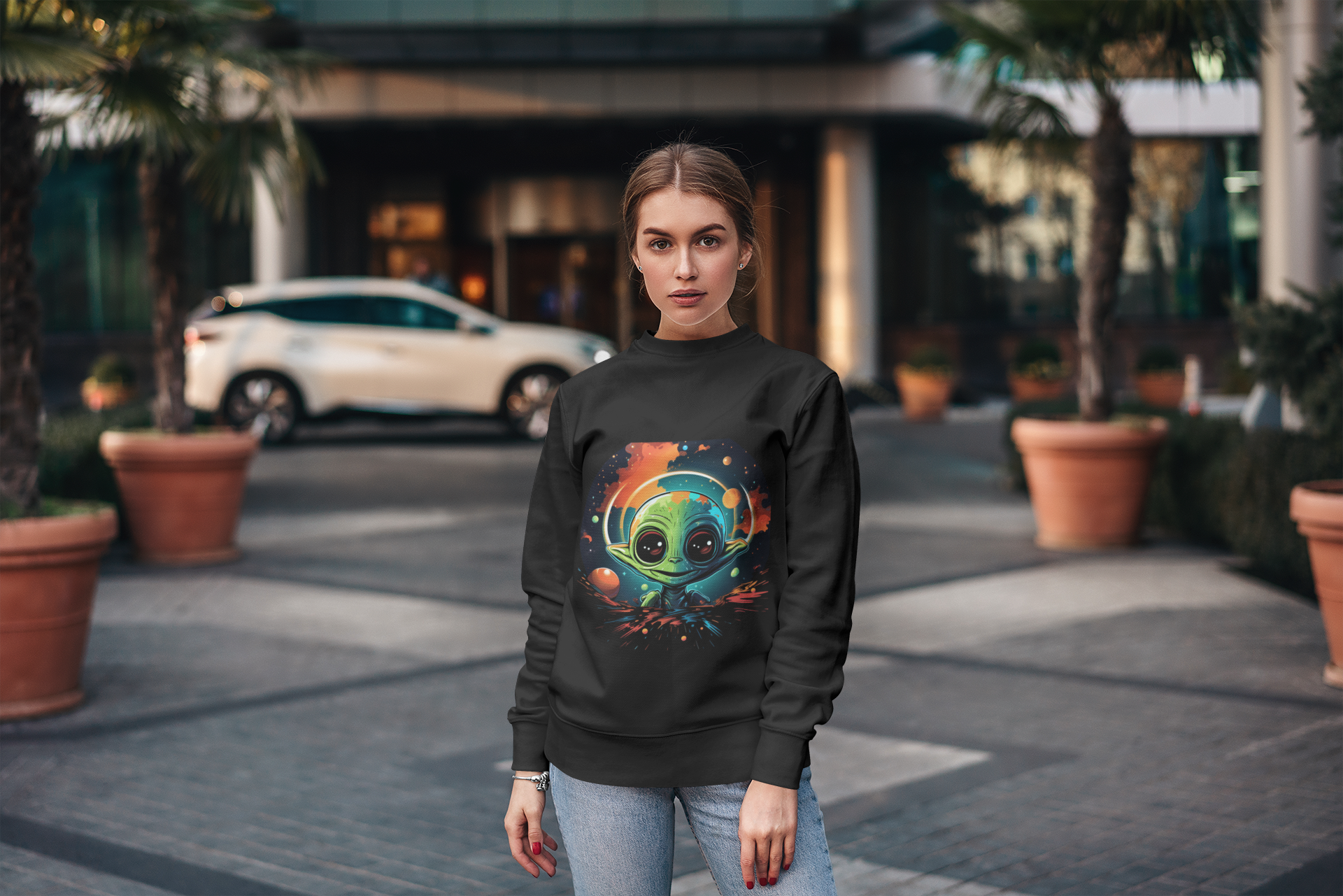 Cosmic Little Alien Sweatshirt – Neon Space Art on Black Crewneck