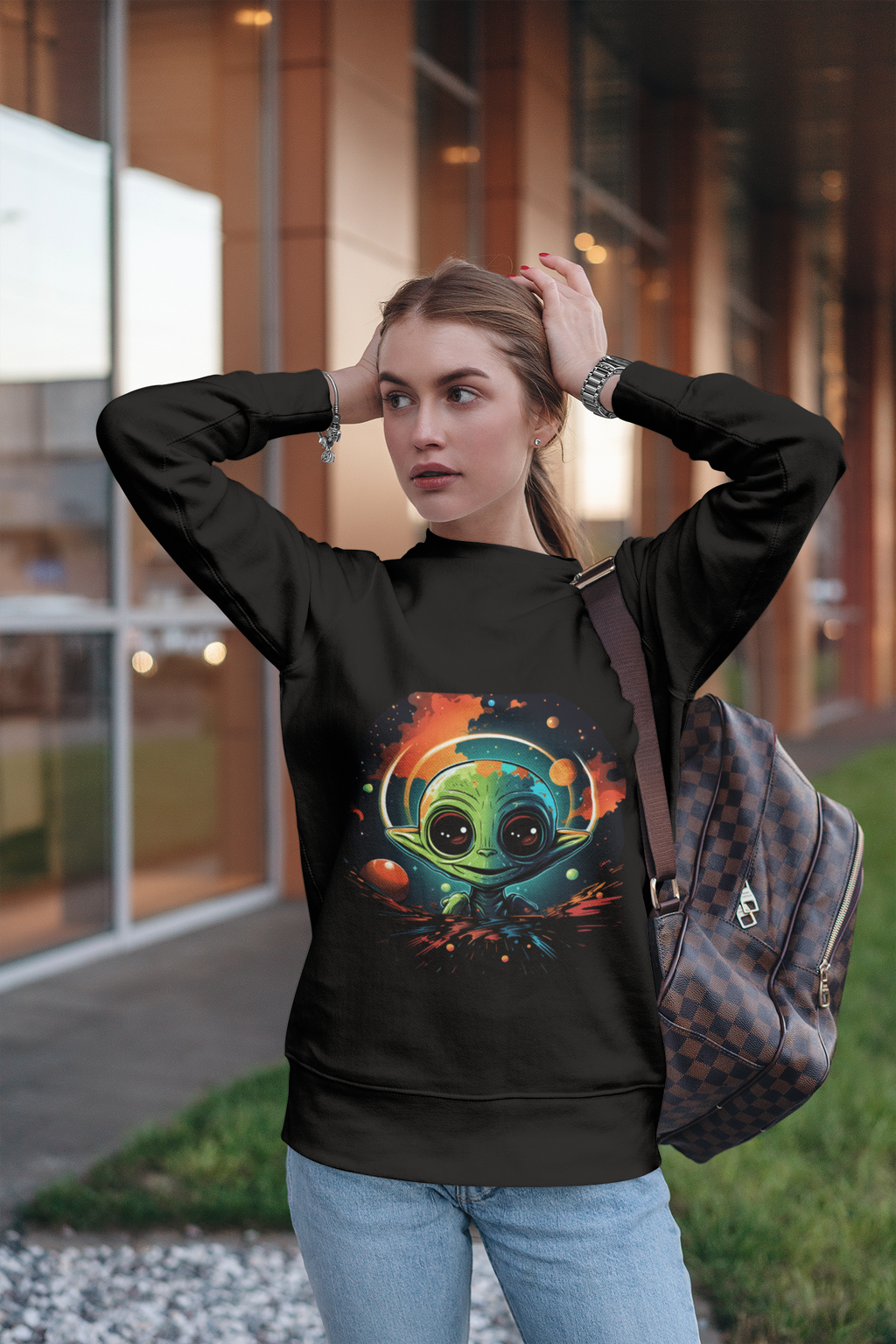 Cosmic Little Alien Sweatshirt – Neon Space Art on Black Crewneck