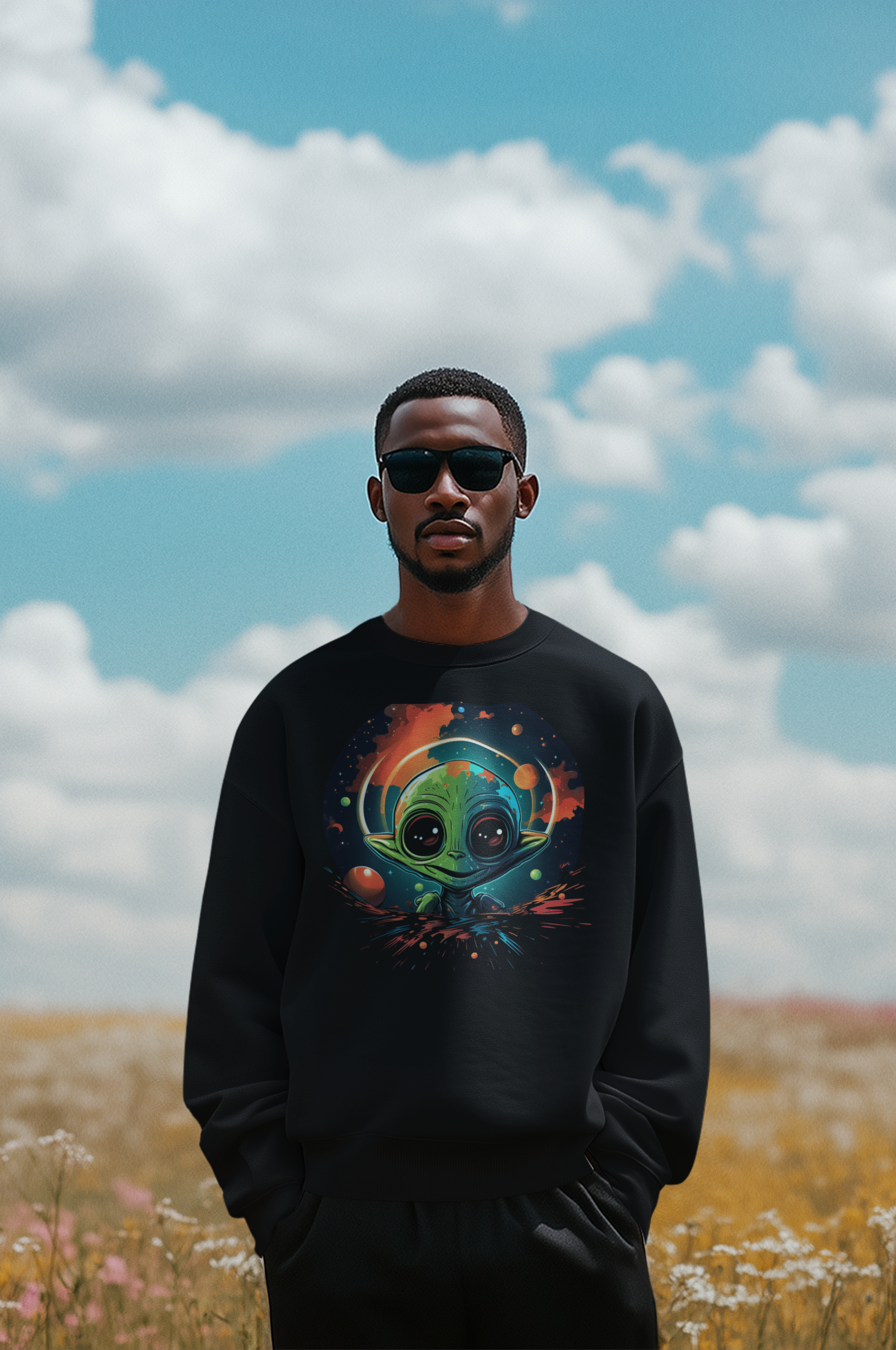 Cosmic Little Alien Sweatshirt – Neon Space Art on Black Crewneck