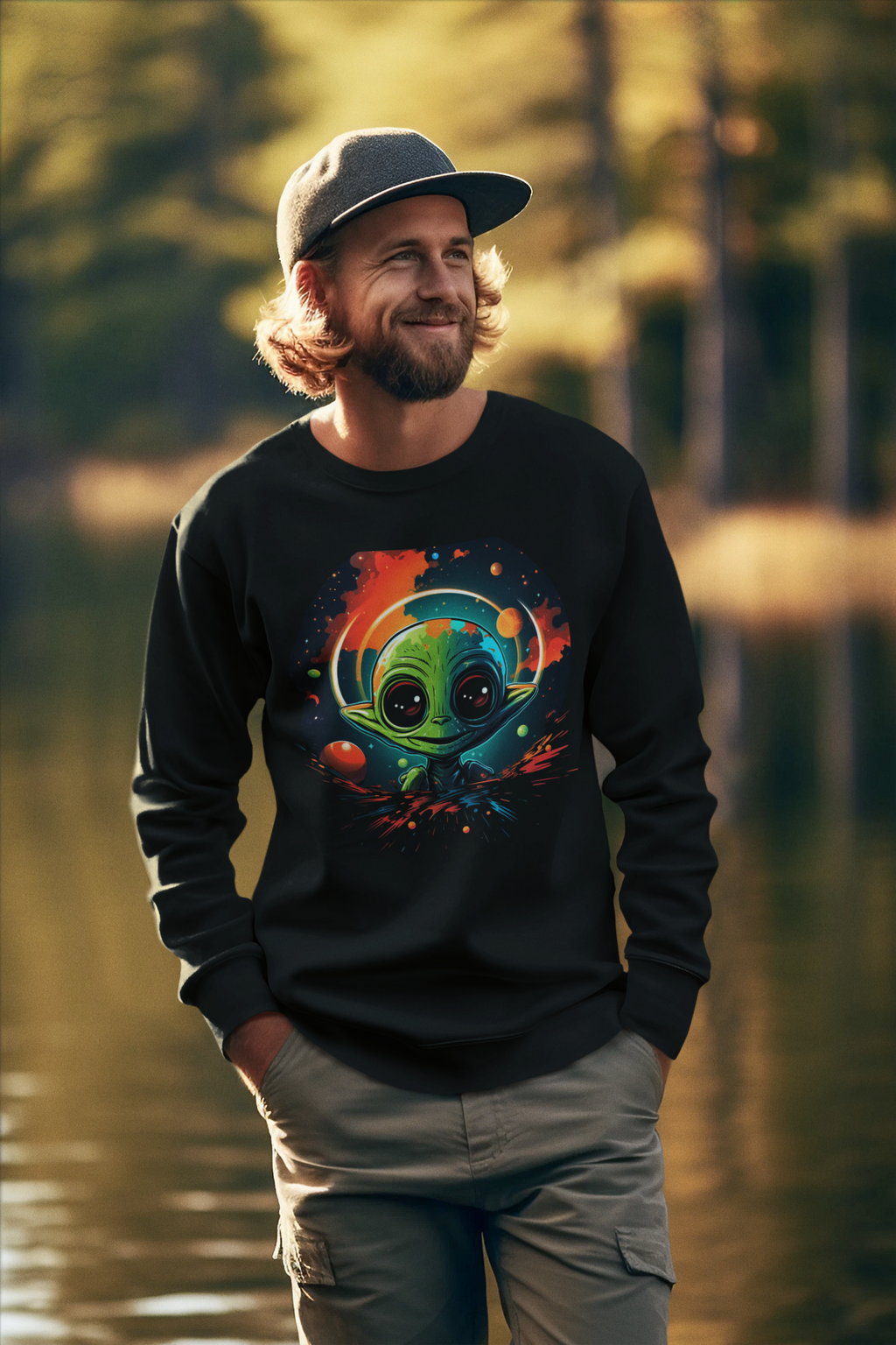 Cosmic Little Alien Sweatshirt – Neon Space Art on Black Crewneck