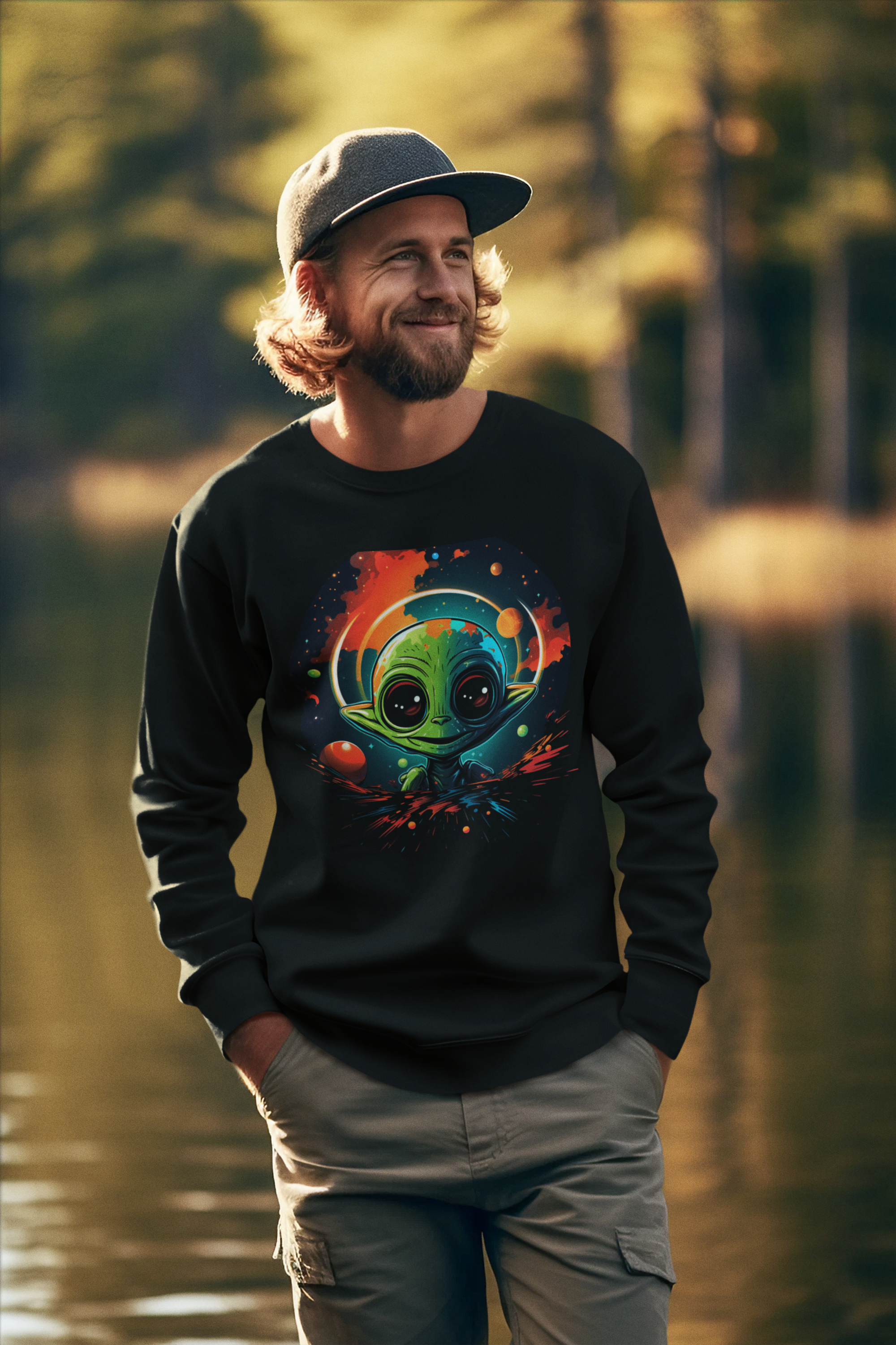 Cosmic Little Alien Sweatshirt – Neon Space Art on Black Crewneck