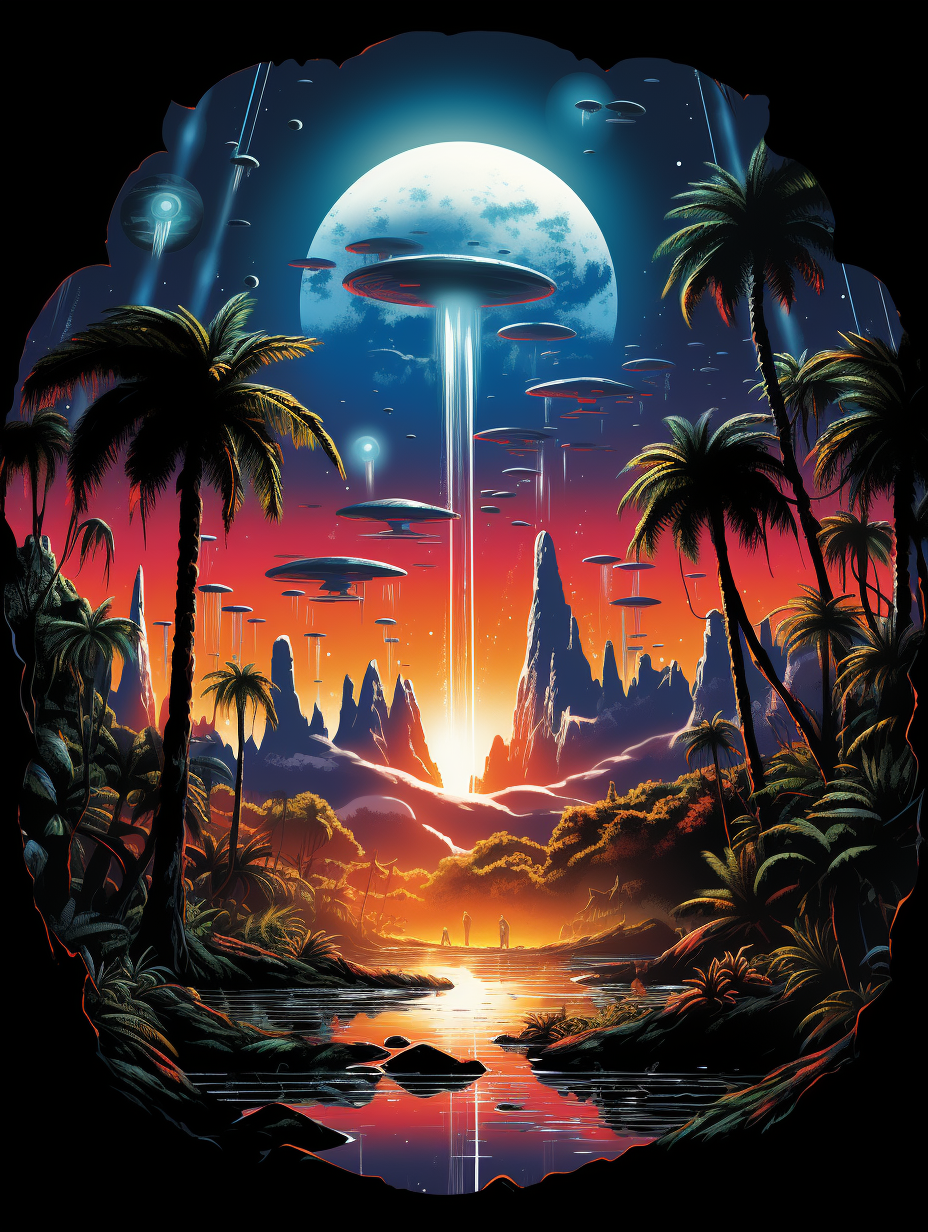 Cosmic Arrival Sunset Poster – Retro Sci-Fi Wall Art (3 Sizes)
