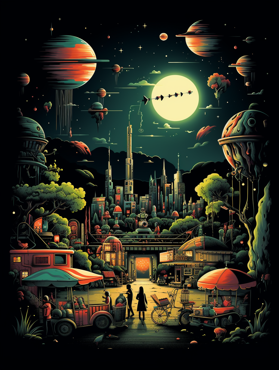 Retro Futuristic City Market Poster – Cosmic Sci-Fi Wall Art (3 Sizes)