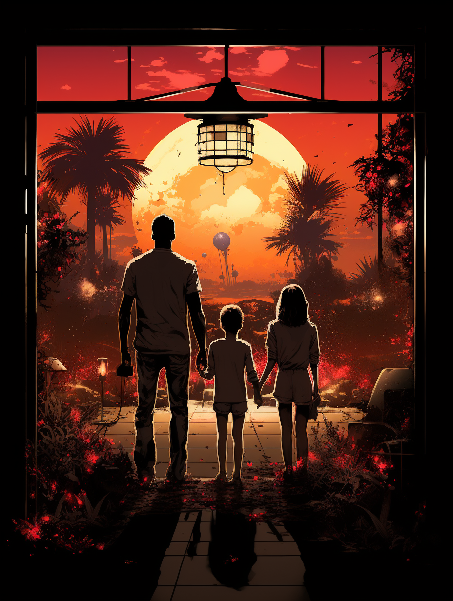 Alien Sunset Family Journey Poster – Retro Sci-Fi Wall Art (3 Sizes)