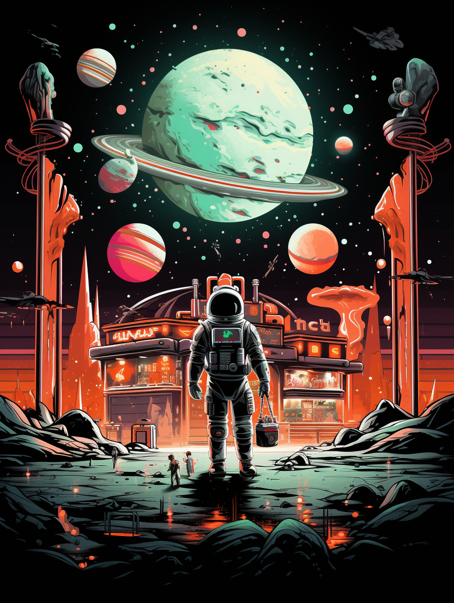 Astronaut at the Edge of the Galaxy – Retro Sci-Fi Wall Art Poster (3 Sizes)