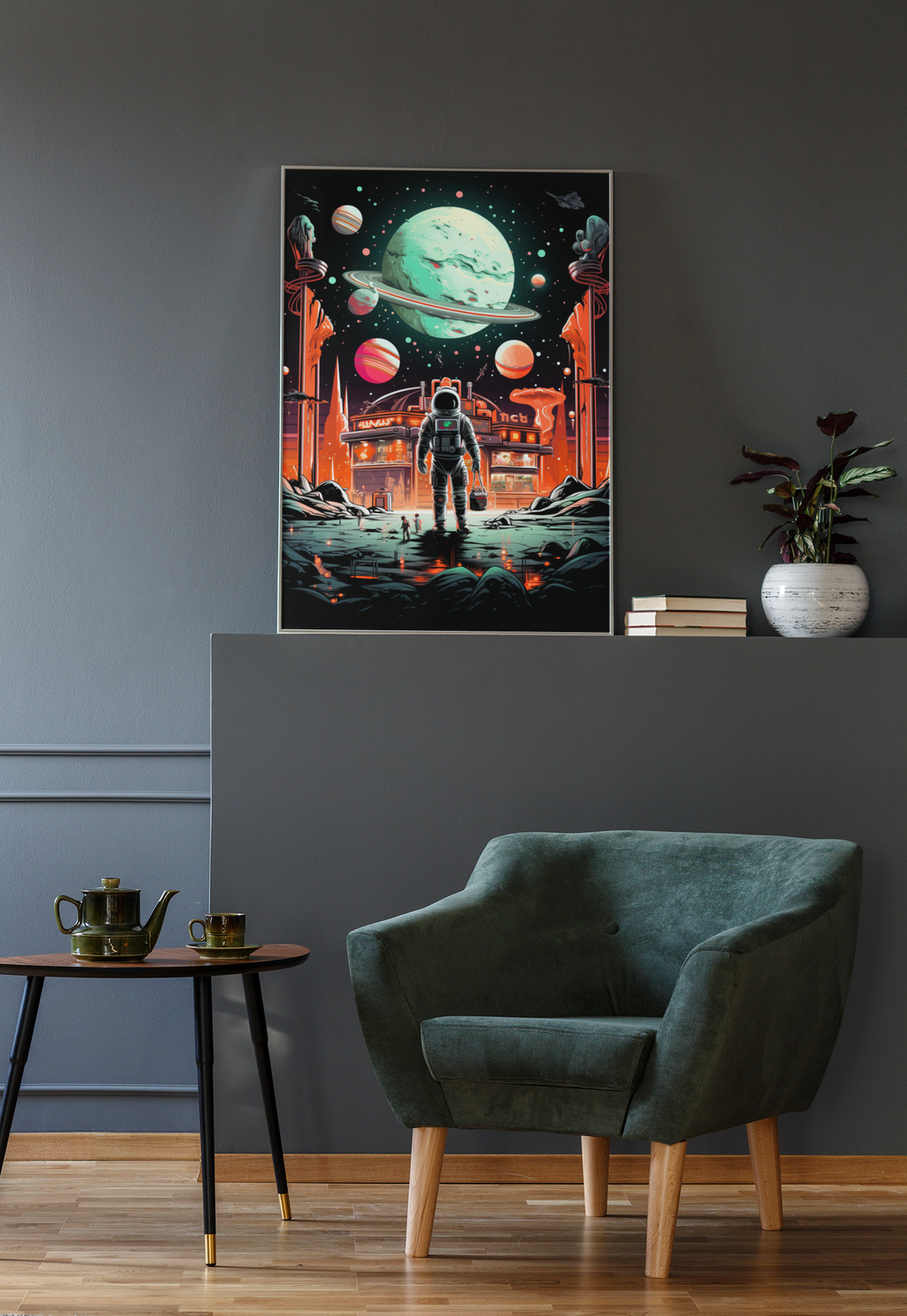 Astronaut at the Edge of the Galaxy – Retro Sci-Fi Wall Art Poster (3 Sizes)
