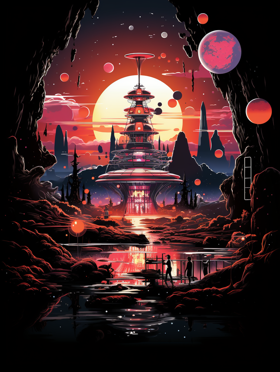 Celestial Tower at Sundown – Retro Galaxy Cityscape Poster (3 Sizes)