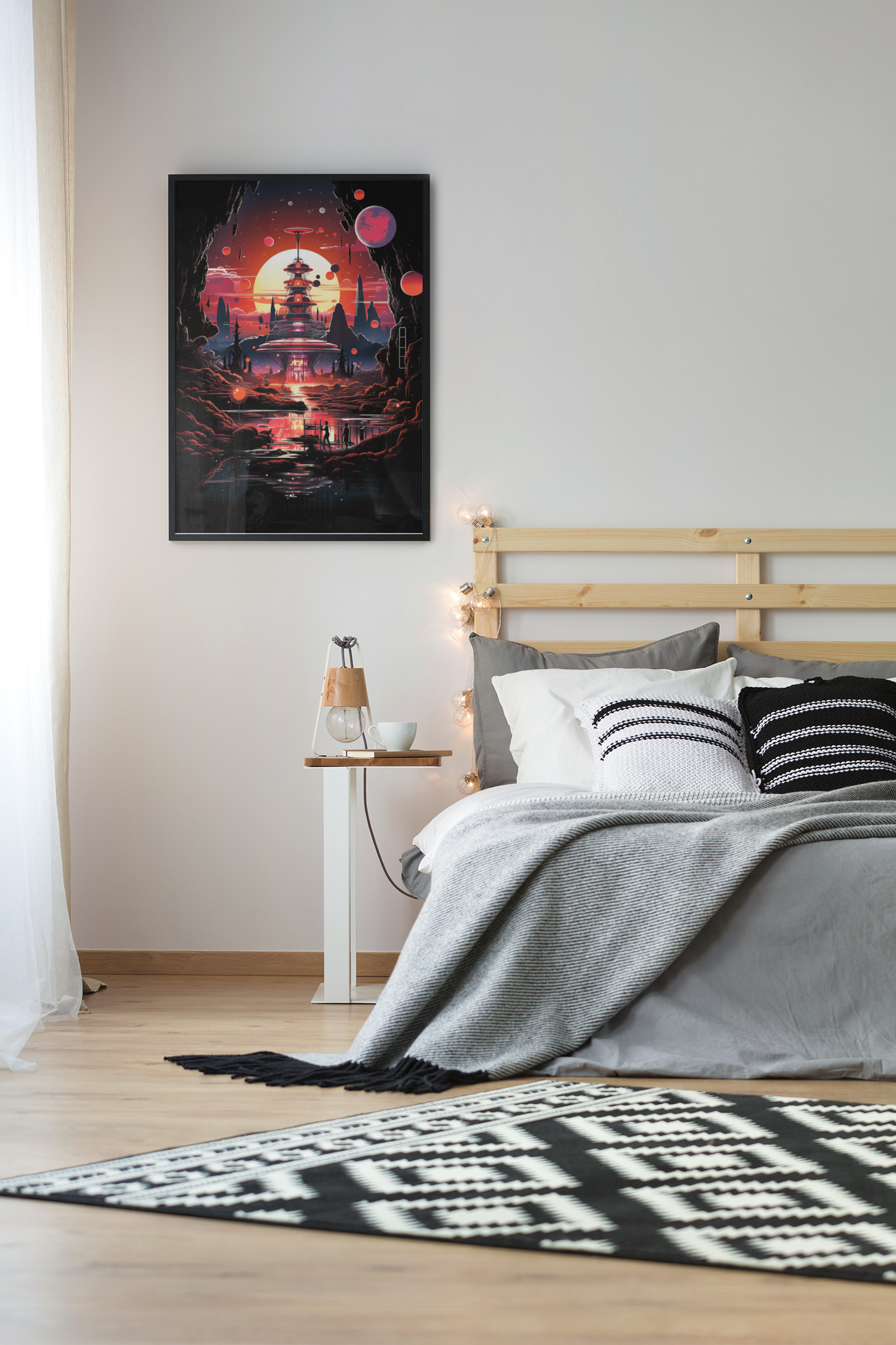 Celestial Tower at Sundown – Retro Galaxy Cityscape Poster (3 Sizes)