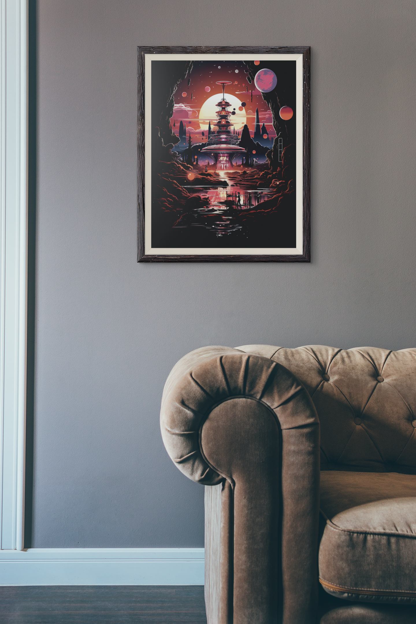 Celestial Tower at Sundown – Retro Galaxy Cityscape Poster (3 Sizes)