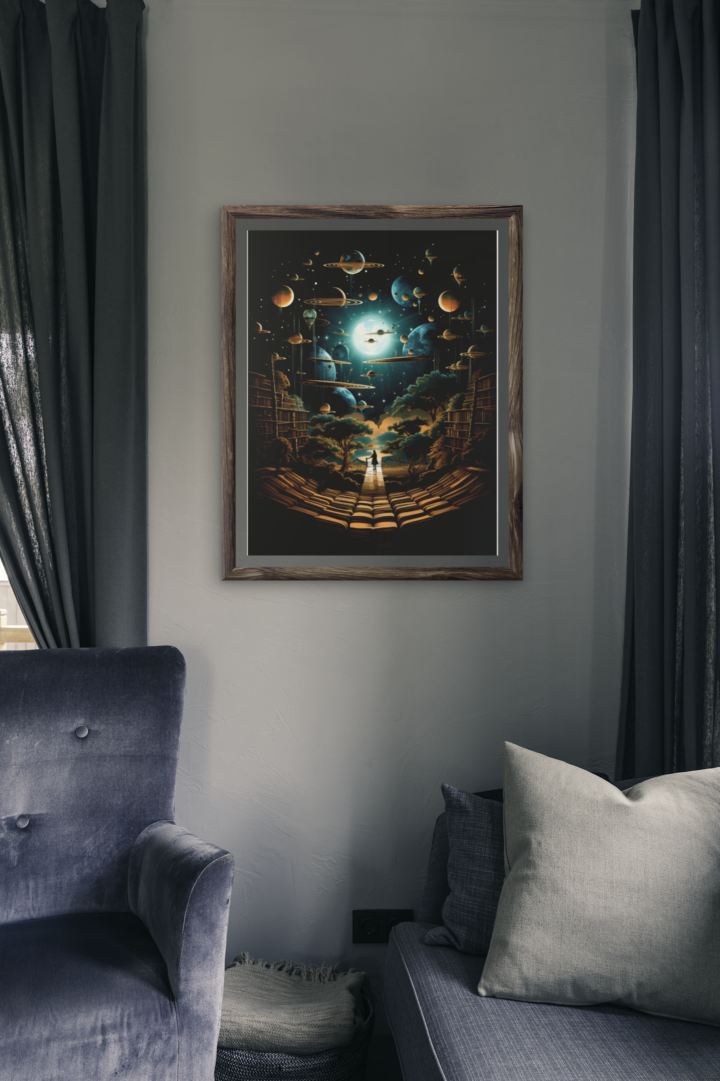 Cosmic Library of Worlds Poster – Retro Sci-Fi Fantasy Wall Art (3 Sizes)