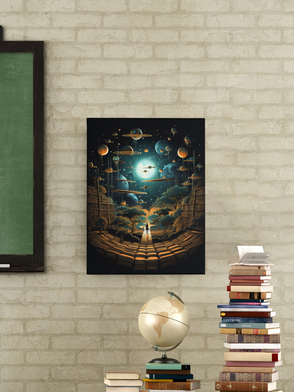 Cosmic Library of Worlds Poster – Retro Sci-Fi Fantasy Wall Art (3 Sizes)