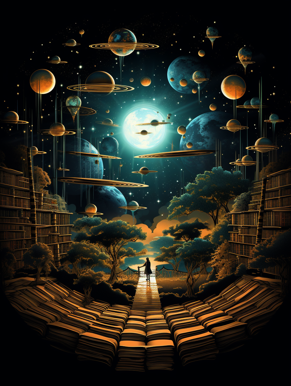 Cosmic Library of Worlds Poster – Retro Sci-Fi Fantasy Wall Art (3 Sizes)