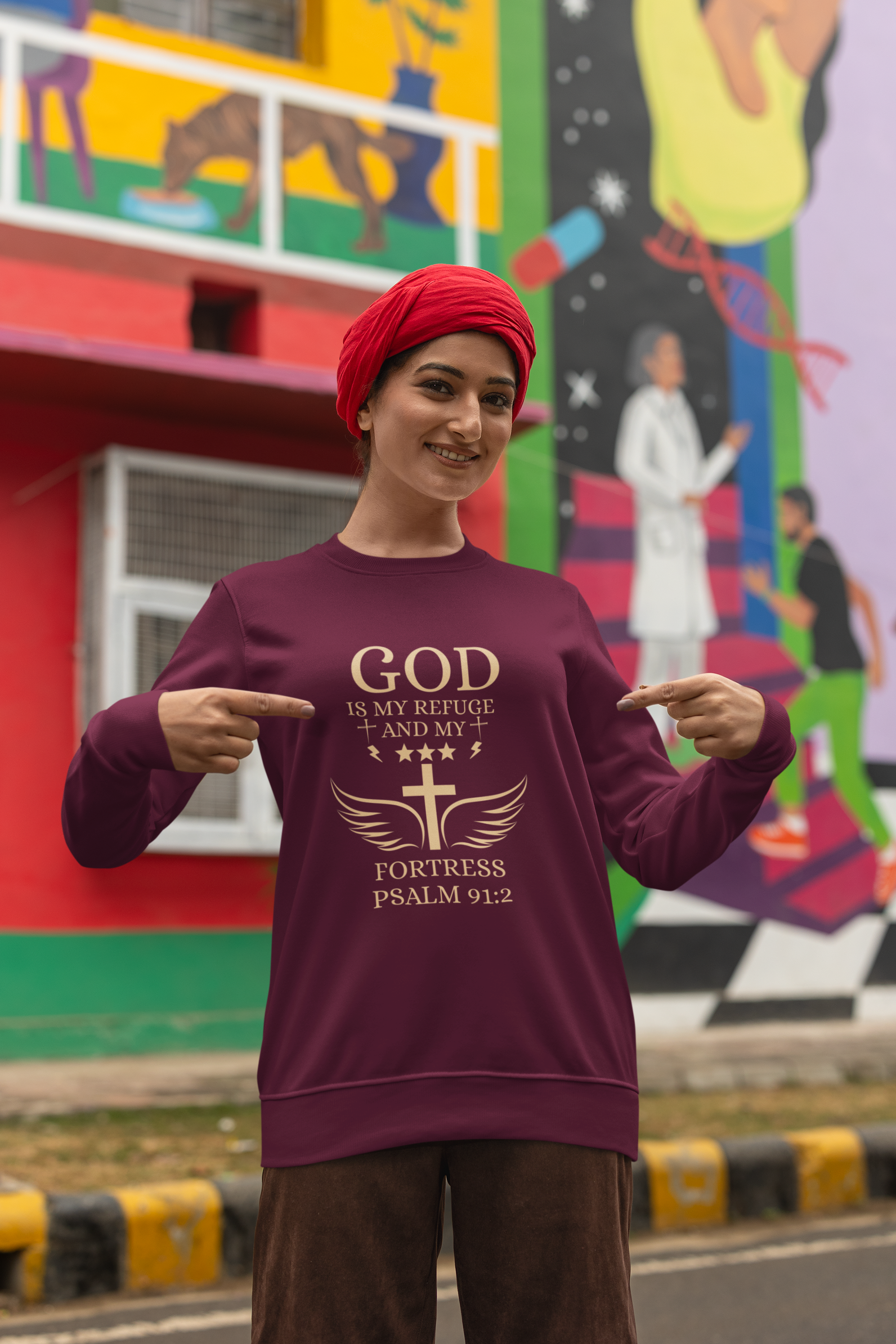 Christian Crewneck Sweatshirt - "God Is My Refuge and My Fortress" Psalm 91:2