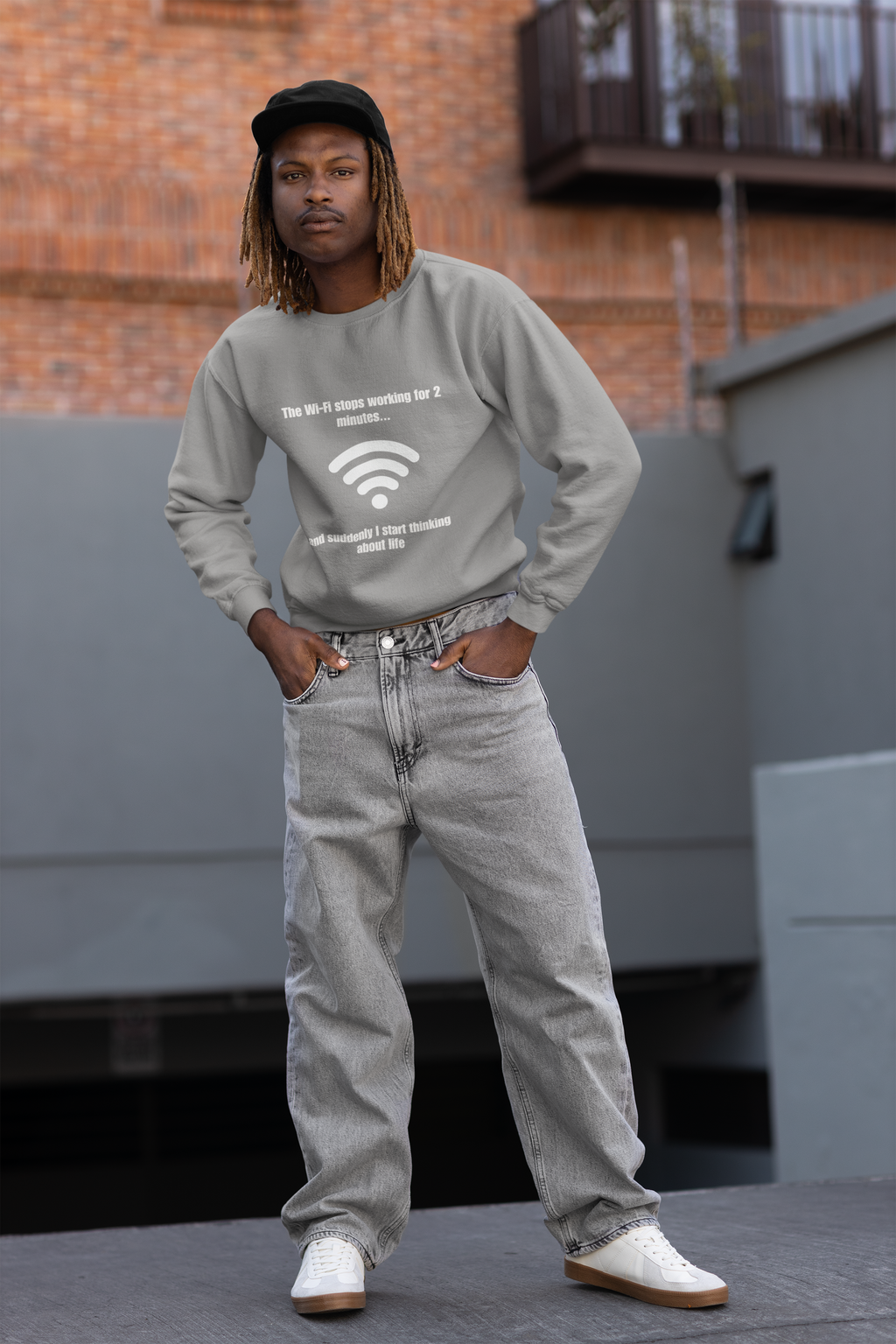 Crewneck Sweatshirt — "The Wi‑Fi Stops Working for 2 Minutes...and Suddenly I Start Thinking About Life"