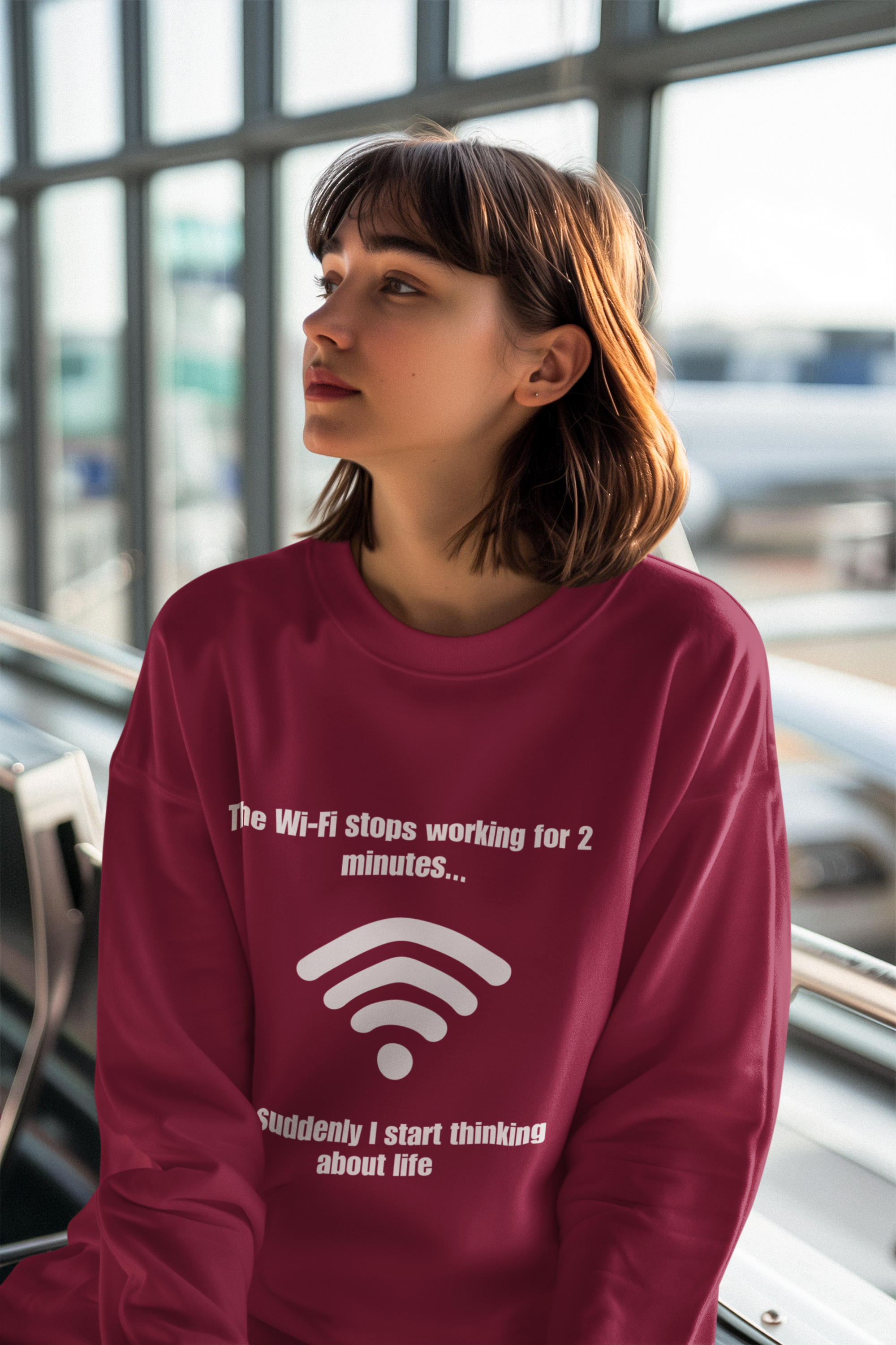Crewneck Sweatshirt — "The Wi‑Fi Stops Working for 2 Minutes...and Suddenly I Start Thinking About Life"