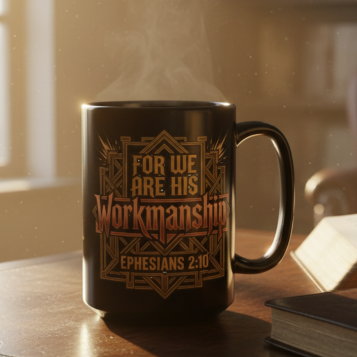 "For We Are His Workmanship" Premium Black Mug — Ephesians 2:10
