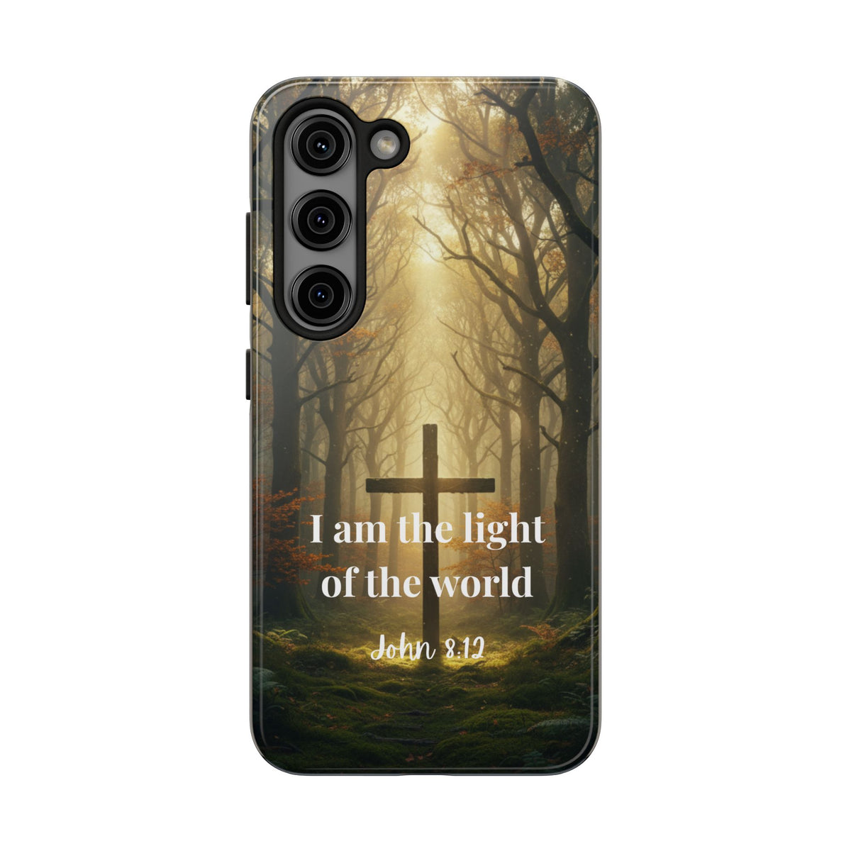 Christian Phone Case — "I Am the Light of the World" (John 8:12) Forest Cross Design