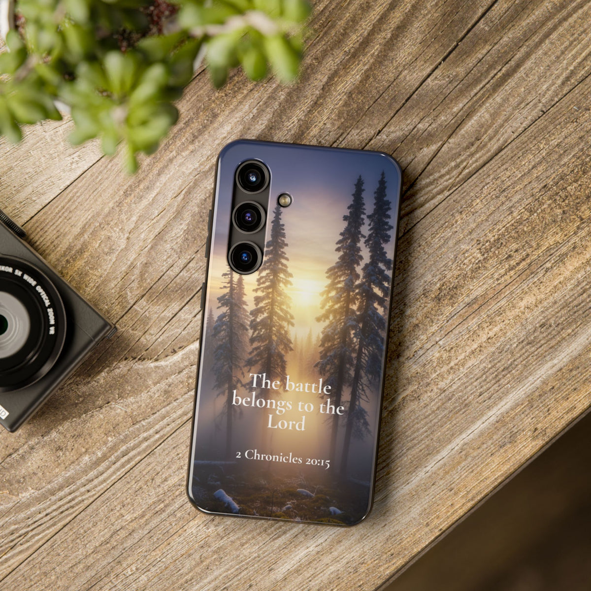 Christian Phone Case — "The Battle Belongs to the Lord" (2 Chronicles 20:15) Forest Sunrise Design