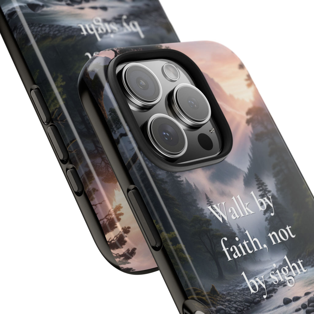 Christian Phone Case — "Walk by Faith, Not by Sight" (2 Corinthians 5:7) Scenic River Design